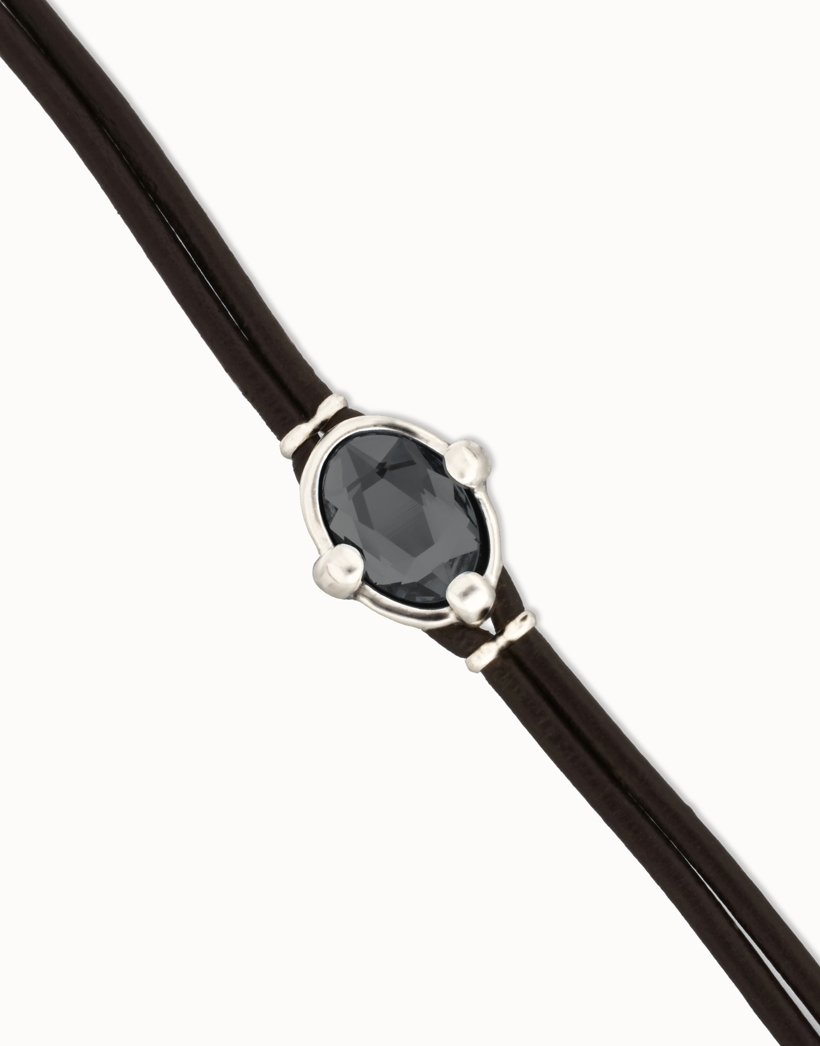 Pulsera de cuero y baño en plata con cristal facetado ovalado negro, Plateado, large thumbnail